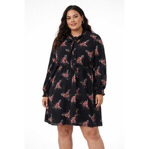 🌸 NWT LOFT Black Floral Tie Neck Babydoll Mini Dress Large 🌸